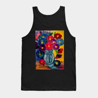 fun and colorful abstract flowers set against a multi-color background Tank Top